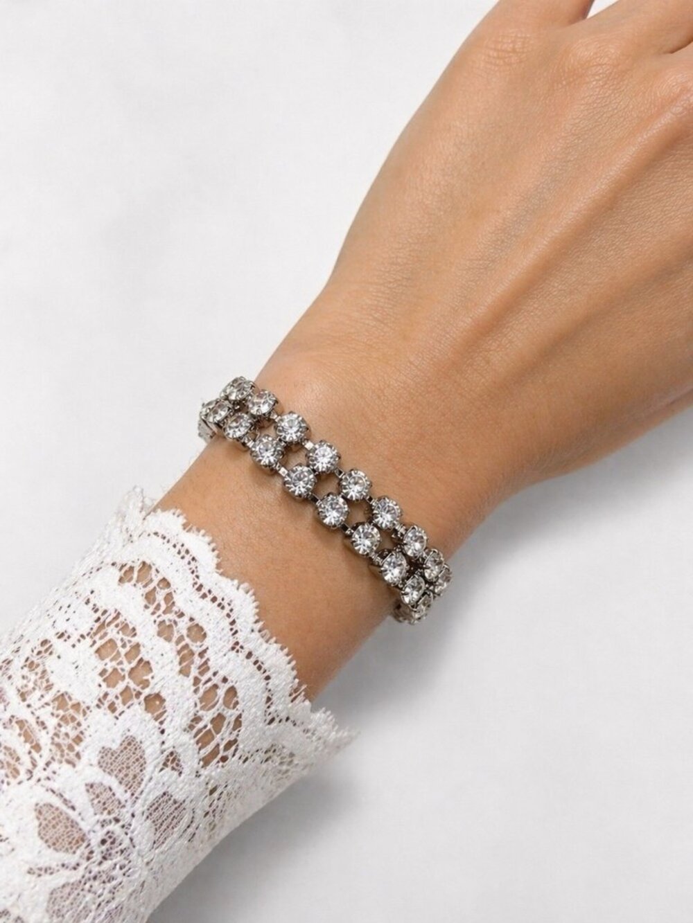 Vintage Rhinestone Tennis Bracelet Silver Tone Double Row Bridal Wedding Glam